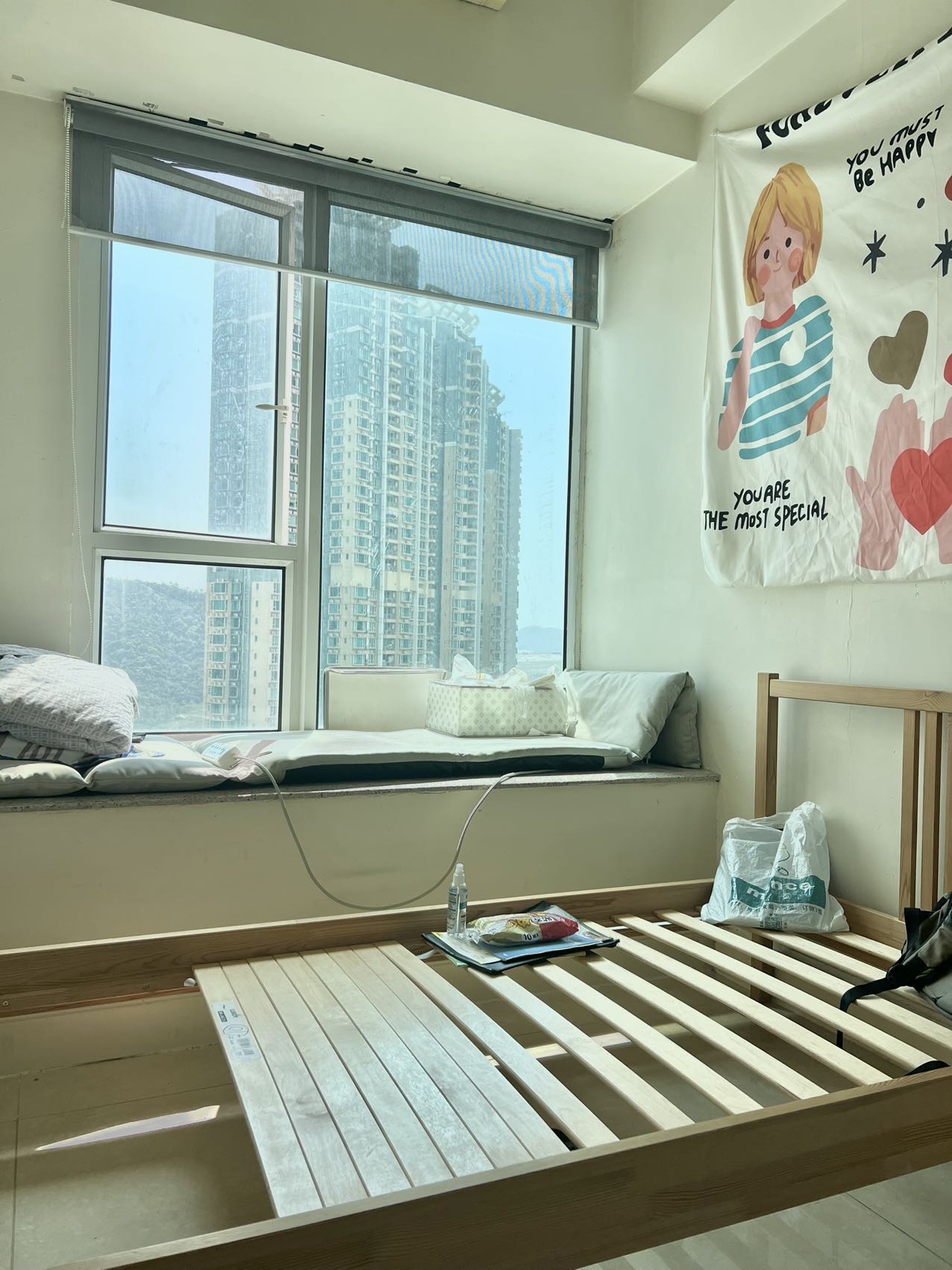 单人床架，75宽懒人靠垫，1*1*0.5储物柜，0.75衣柜