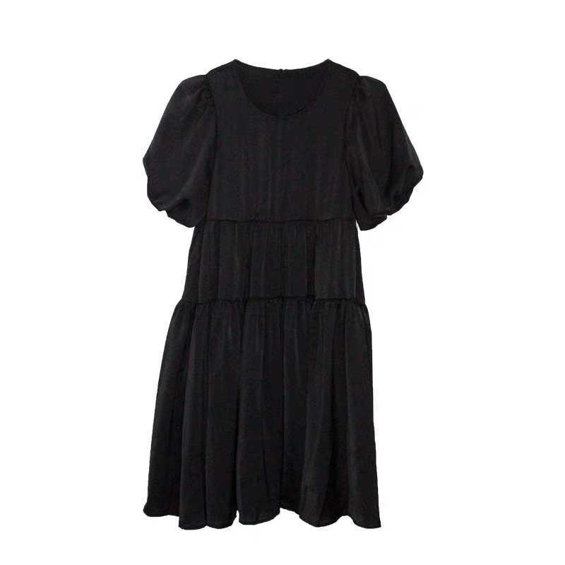 COS泡泡袖A字缩褶连衣裙黑色0973802007