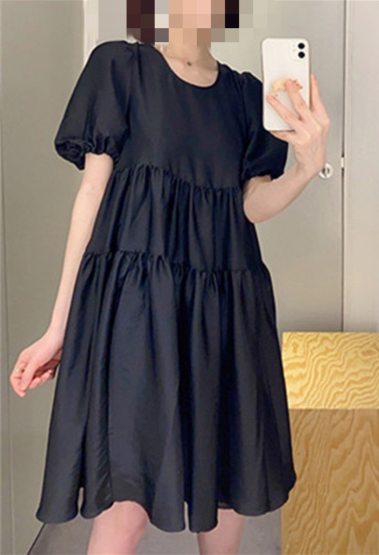 COS泡泡袖A字缩褶连衣裙黑色0973802007