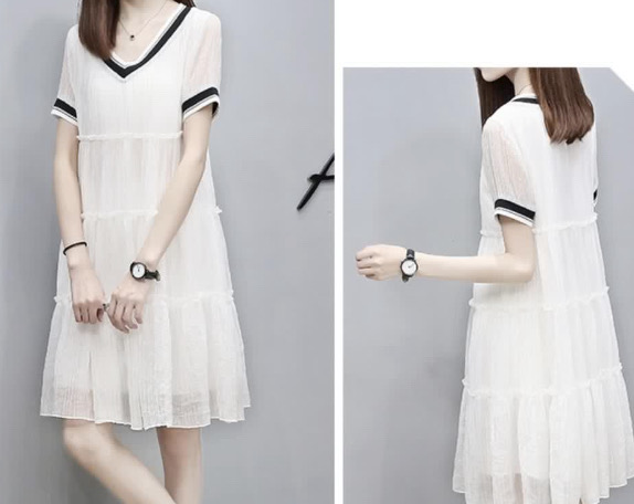 V領雪紡小清新連衣裙(白色) white dress