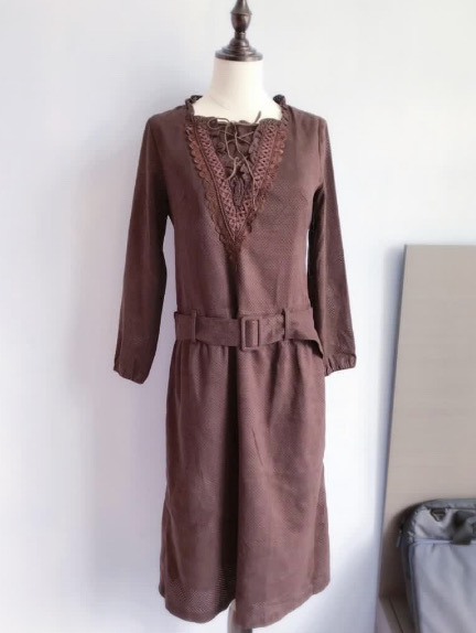 民族風深啡小圓洞設計感長袖連身裙 (size s)