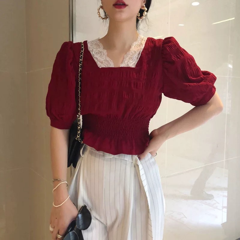 短款蕾丝V领衬衫女2022新款夏季韩版法式收腰显瘦小众泡泡袖上衣