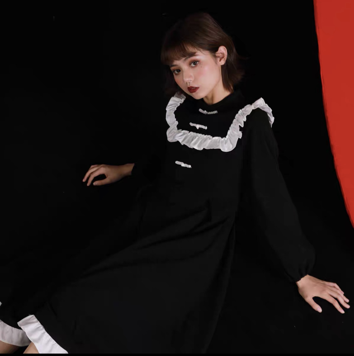 玉米须 mua木马自制原创连衣裙暗黑禁欲系盘扣汉元素海军领秋新