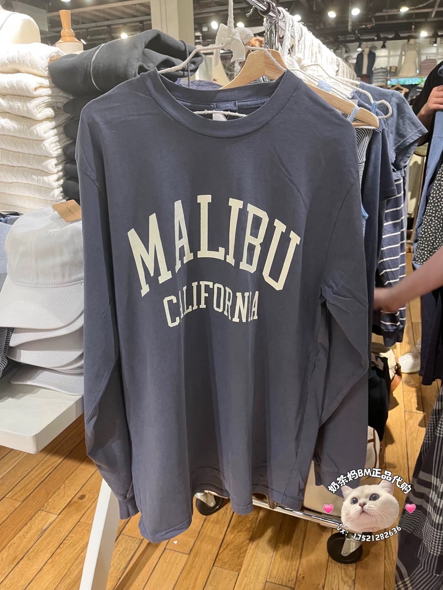 BrandyMelville圆领牛仔蓝MALIBU印花长袖T恤
