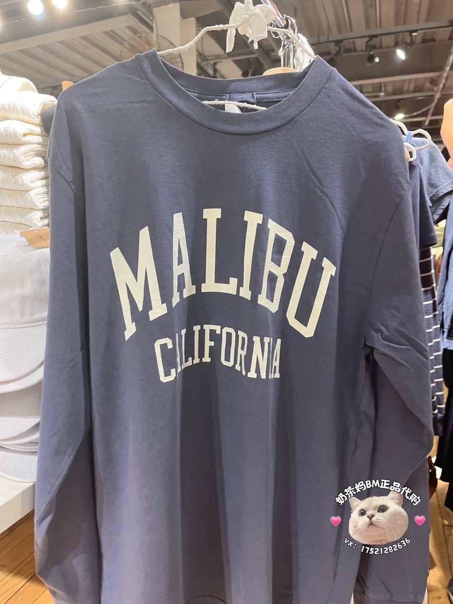 BrandyMelville圆领牛仔蓝MALIBU印花长袖T恤