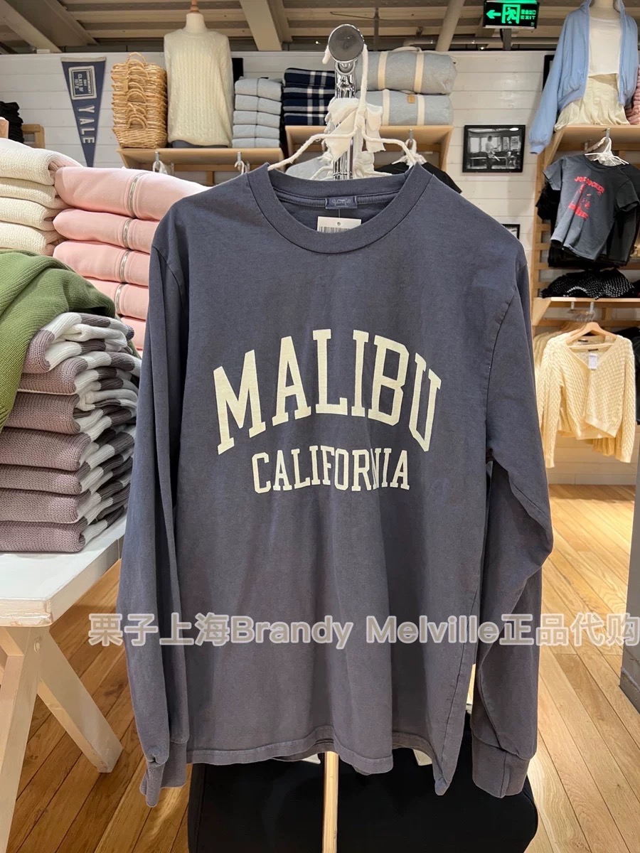 BrandyMelville圆领牛仔蓝MALIBU印花长袖T恤