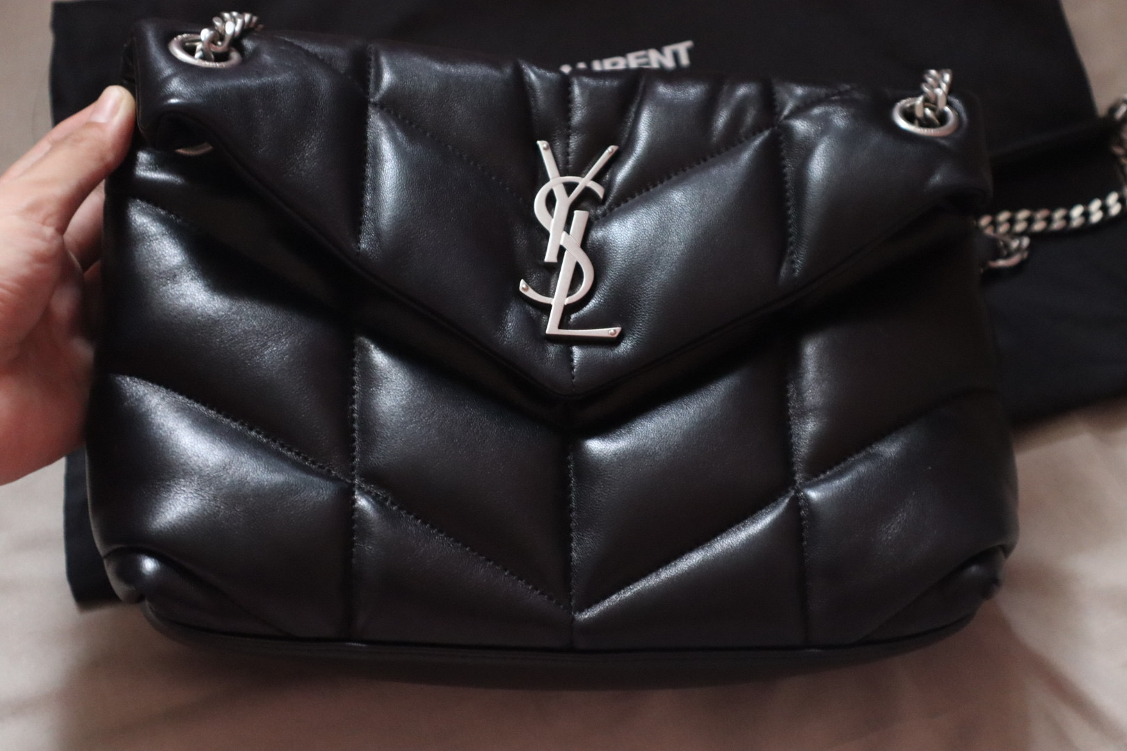 Ysl puffer小号白银小羊皮包