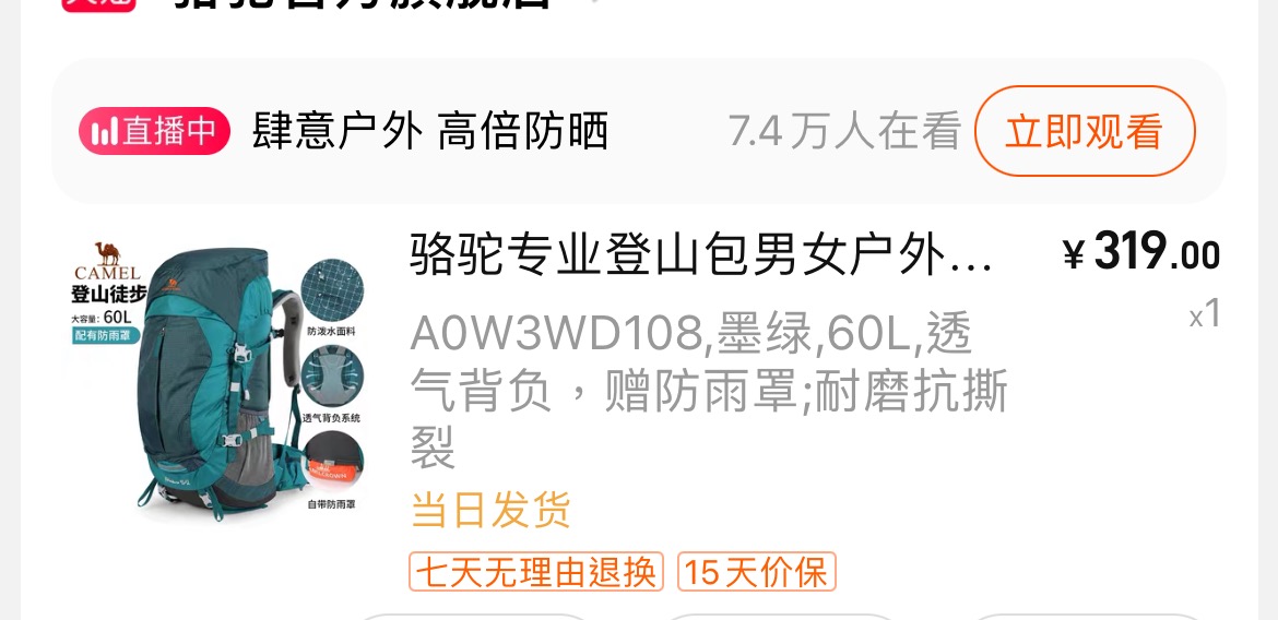 重装60L骆驼登山包