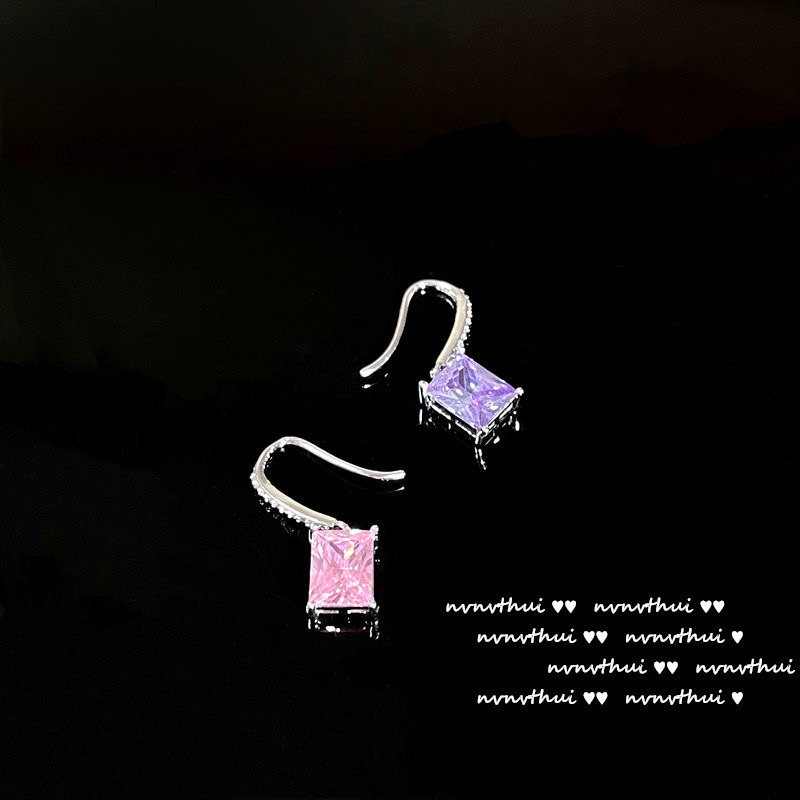 粉紫不对称宝石耳坠 设计师925银防过敏长方锆石耳环