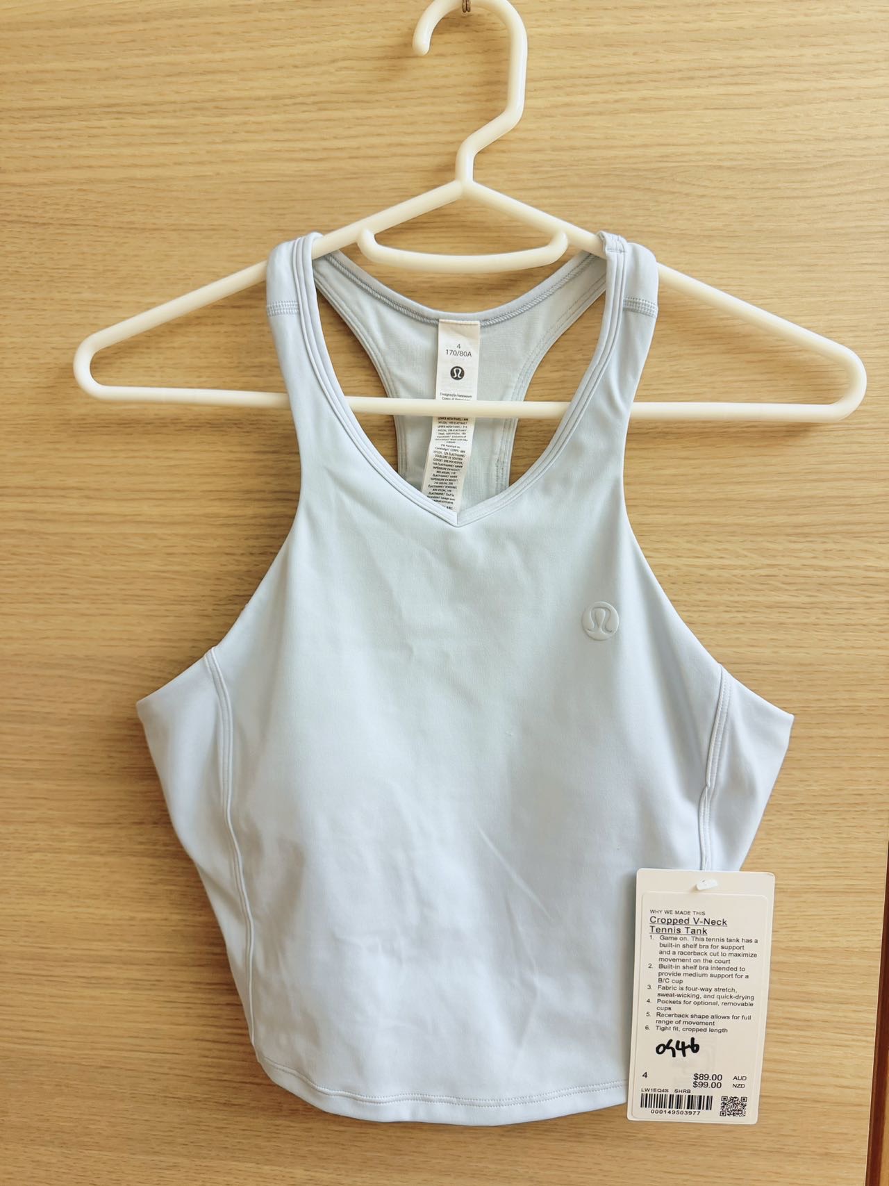 全新lululemon透明蓝SHRB色cropped v-neck tennis tank网球V领美背上衣4码