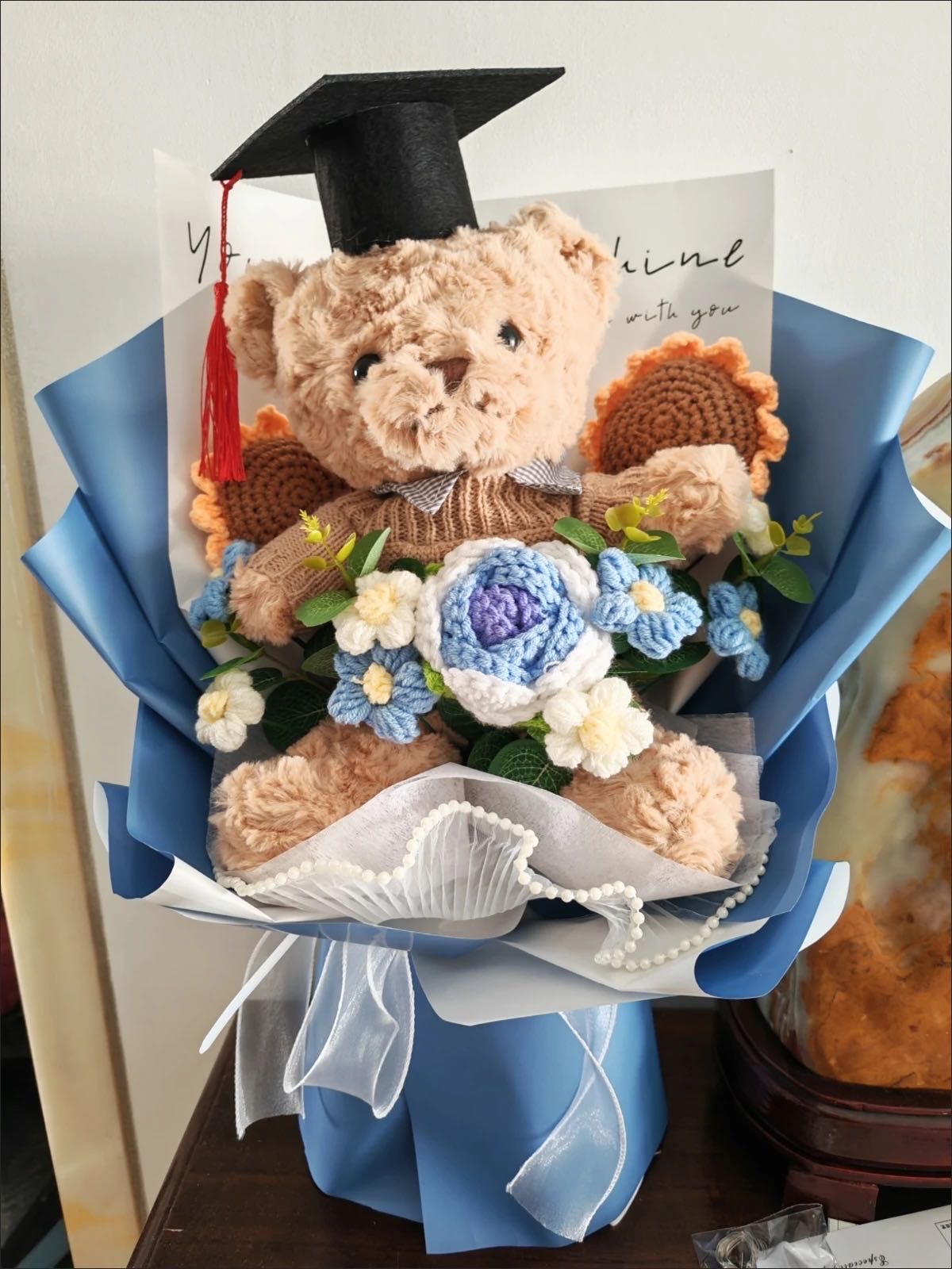 毕业小熊花束💐蓝黄粉带纸盒和手提袋