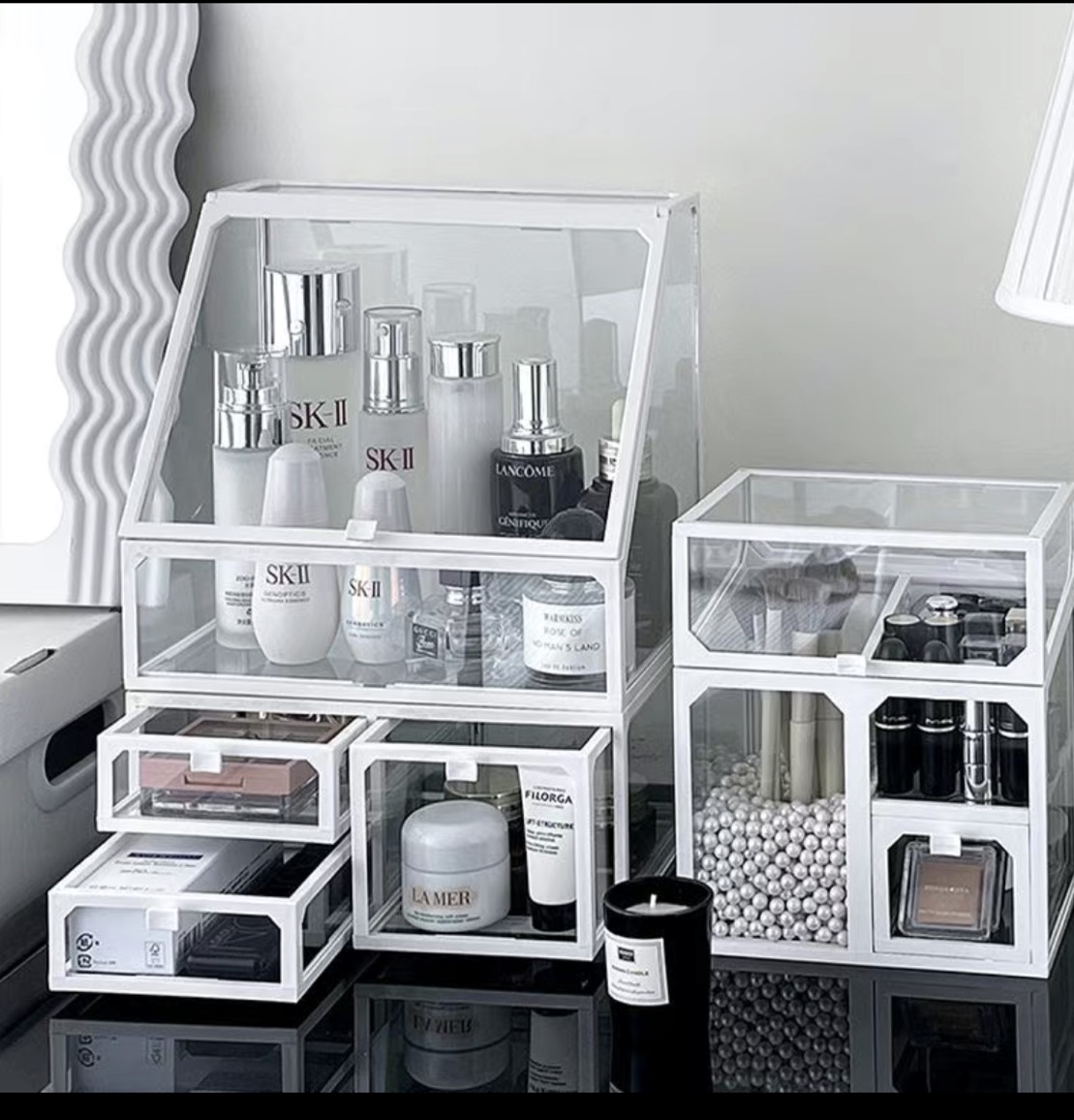 化妆品收纳盒欧式高档玻璃防尘一体三合一组装口红面膜家居置物架