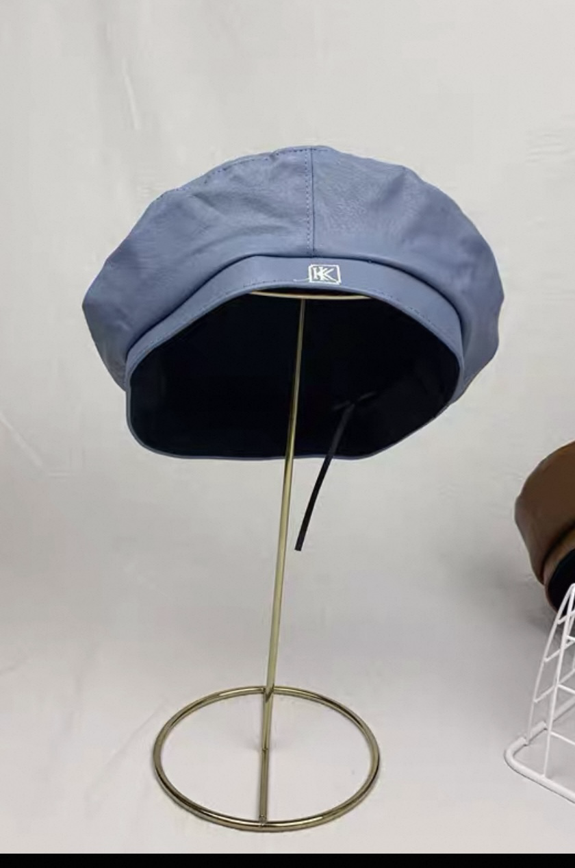 蓝色pu皮贝雷帽