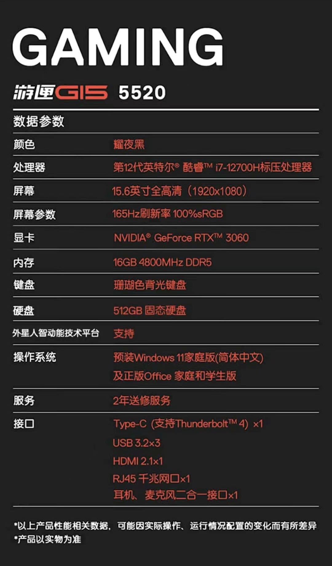 戴尔游戏本游匣G15 5520(12代i7，RTX3060)