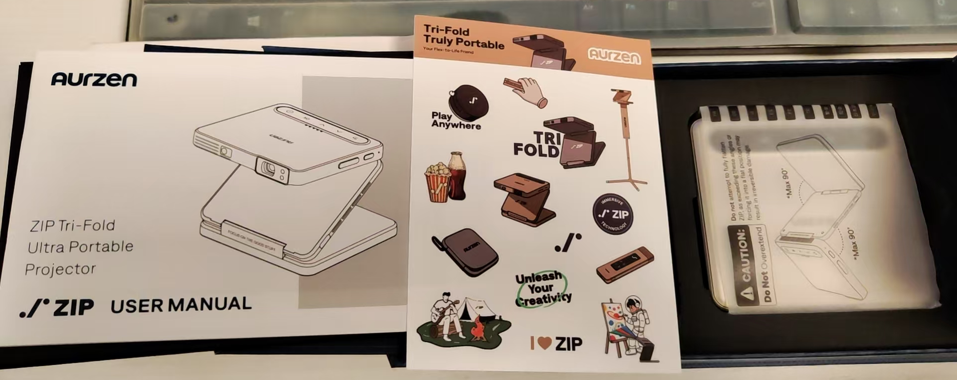 闲置全新全套 Aurzen ZIP Tri-Fold 三折叠便携口袋投影仪 转让